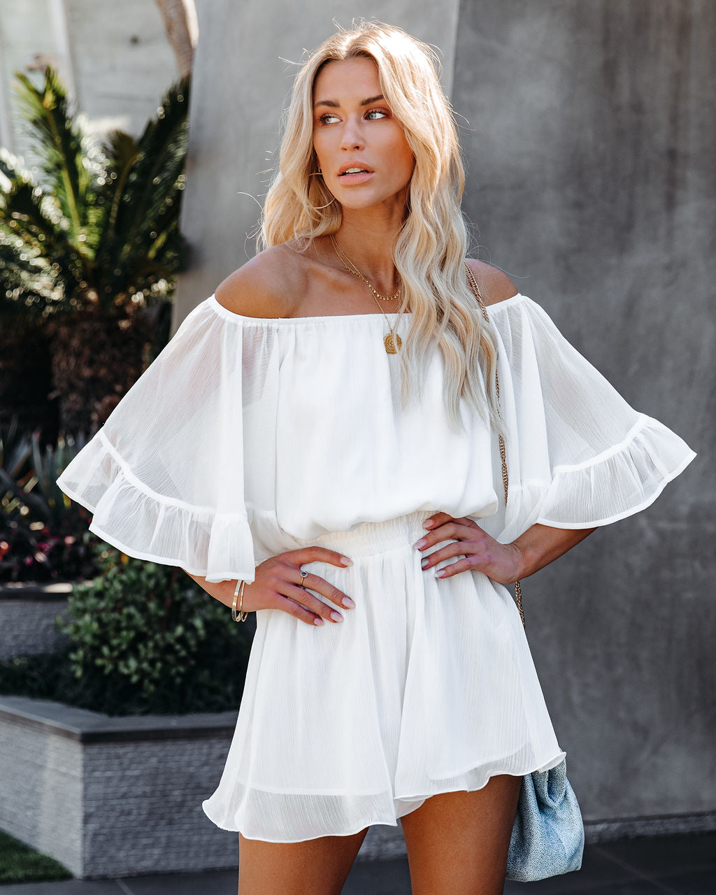 Definitely Demure Off The Shoulder Chiffon Romper - White ENDL-001