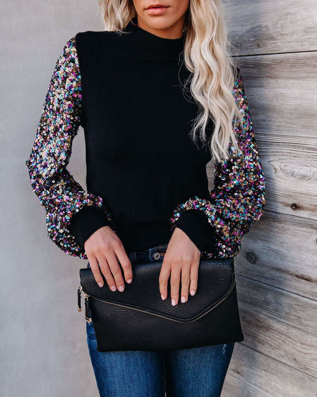 Disco Fever Sequin Sleeve Mock Neck Knit Top Ins Street