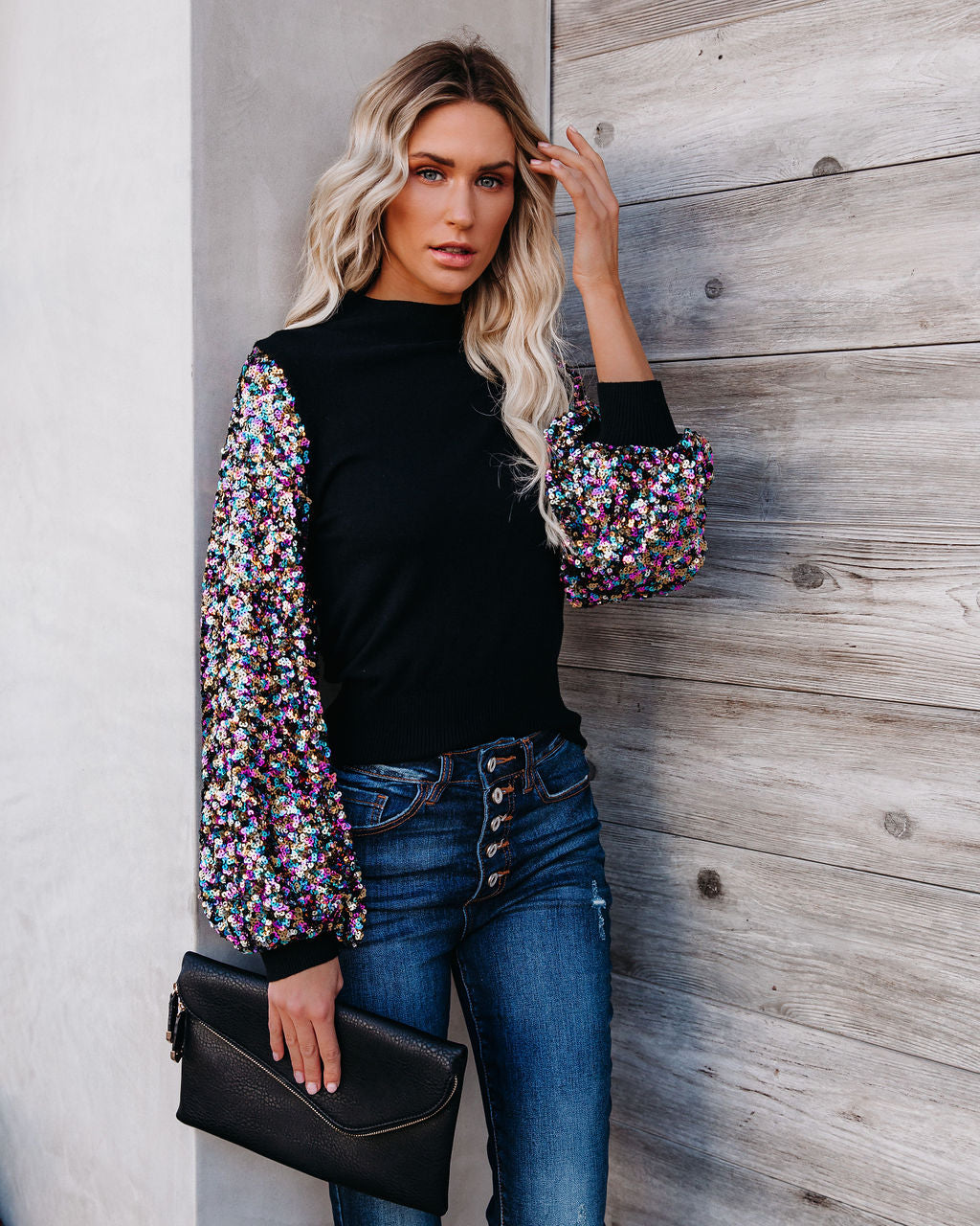 Disco Fever Sequin Sleeve Mock Neck Knit Top Ins Street