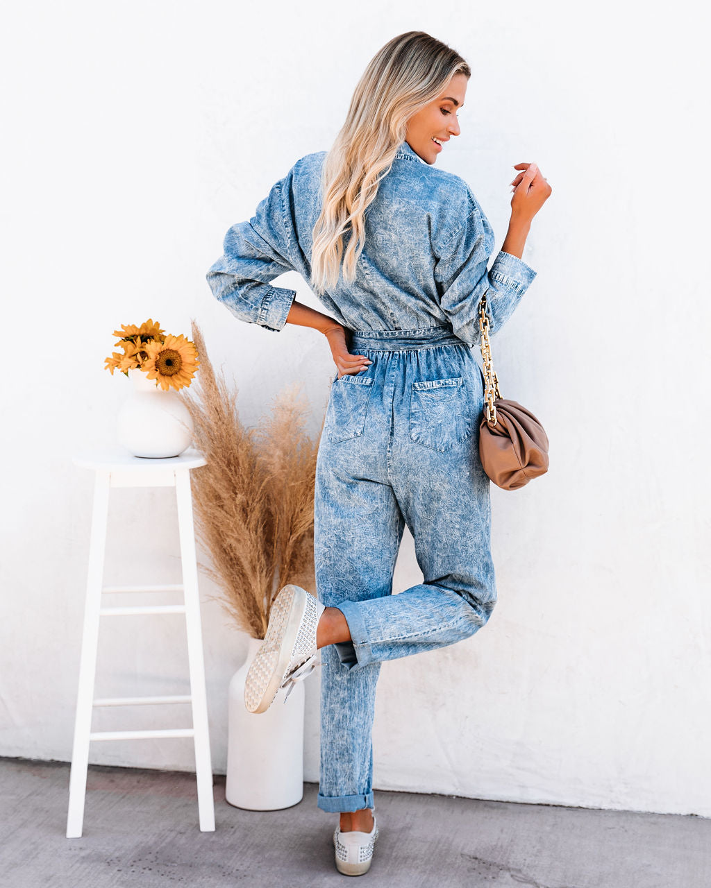 Donny Cotton Pocketed Acid Wash Chambray Jumpsuit Ins Street