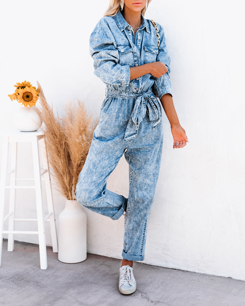 Donny Cotton Pocketed Acid Wash Chambray Jumpsuit Ins Street