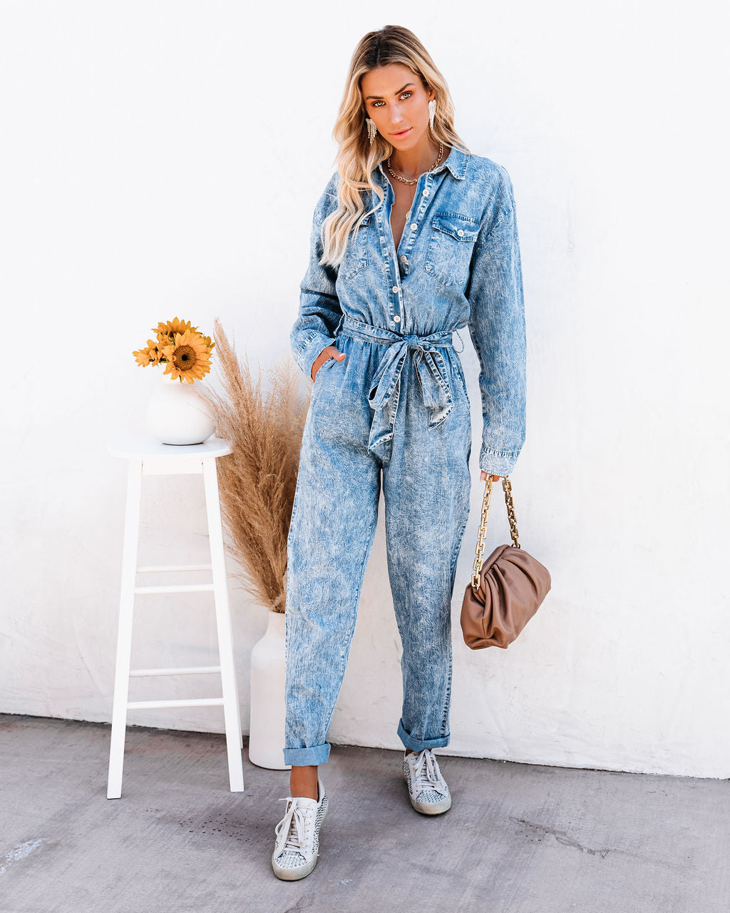 Donny Cotton Pocketed Acid Wash Chambray Jumpsuit Ins Street