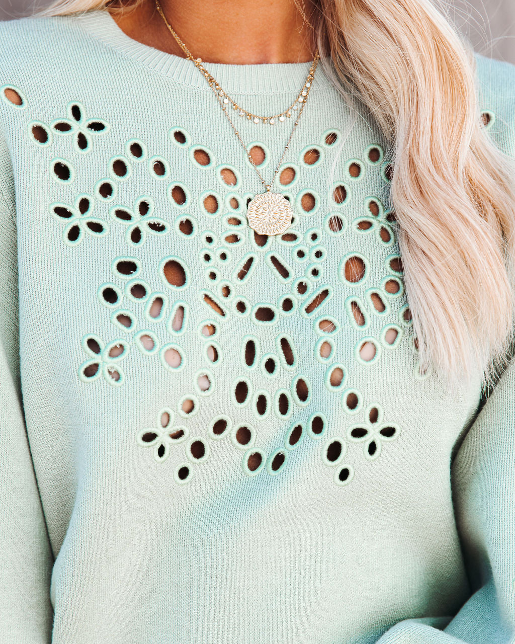 Drop In The Ocean Eyelet Knit Sweater - Mint Ins Street