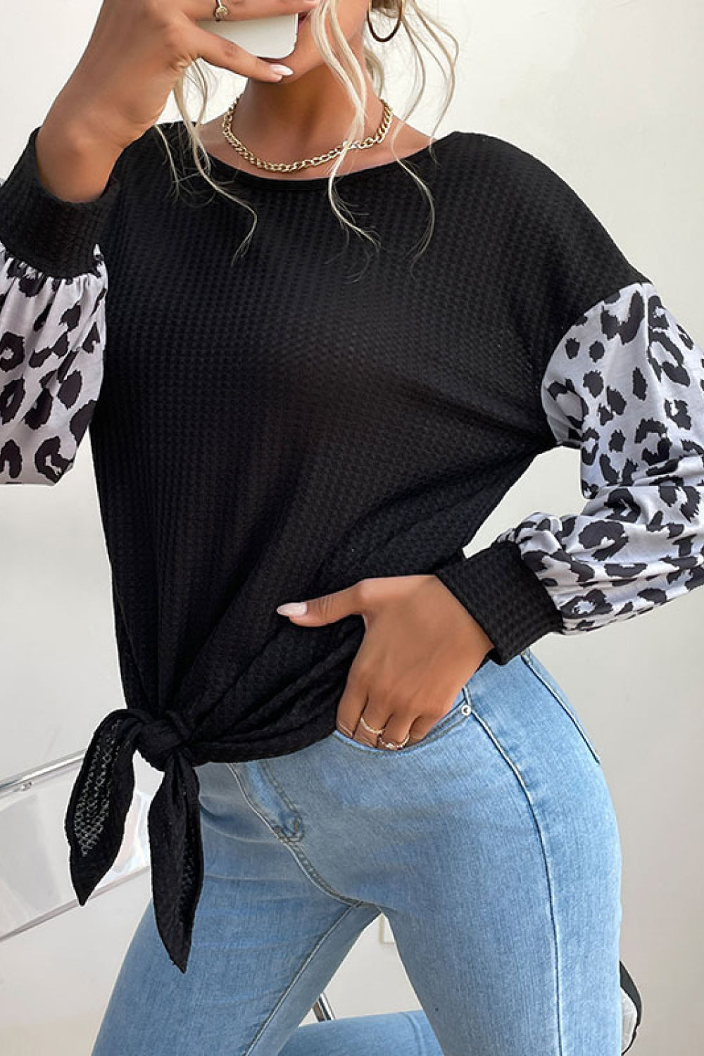 Leopard Print Sleeve Tie Front Top Ins Street