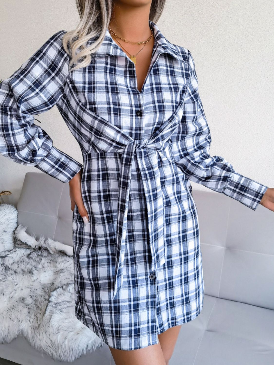 Plaid Button Down Tie Front Shirt Dress Ins Street