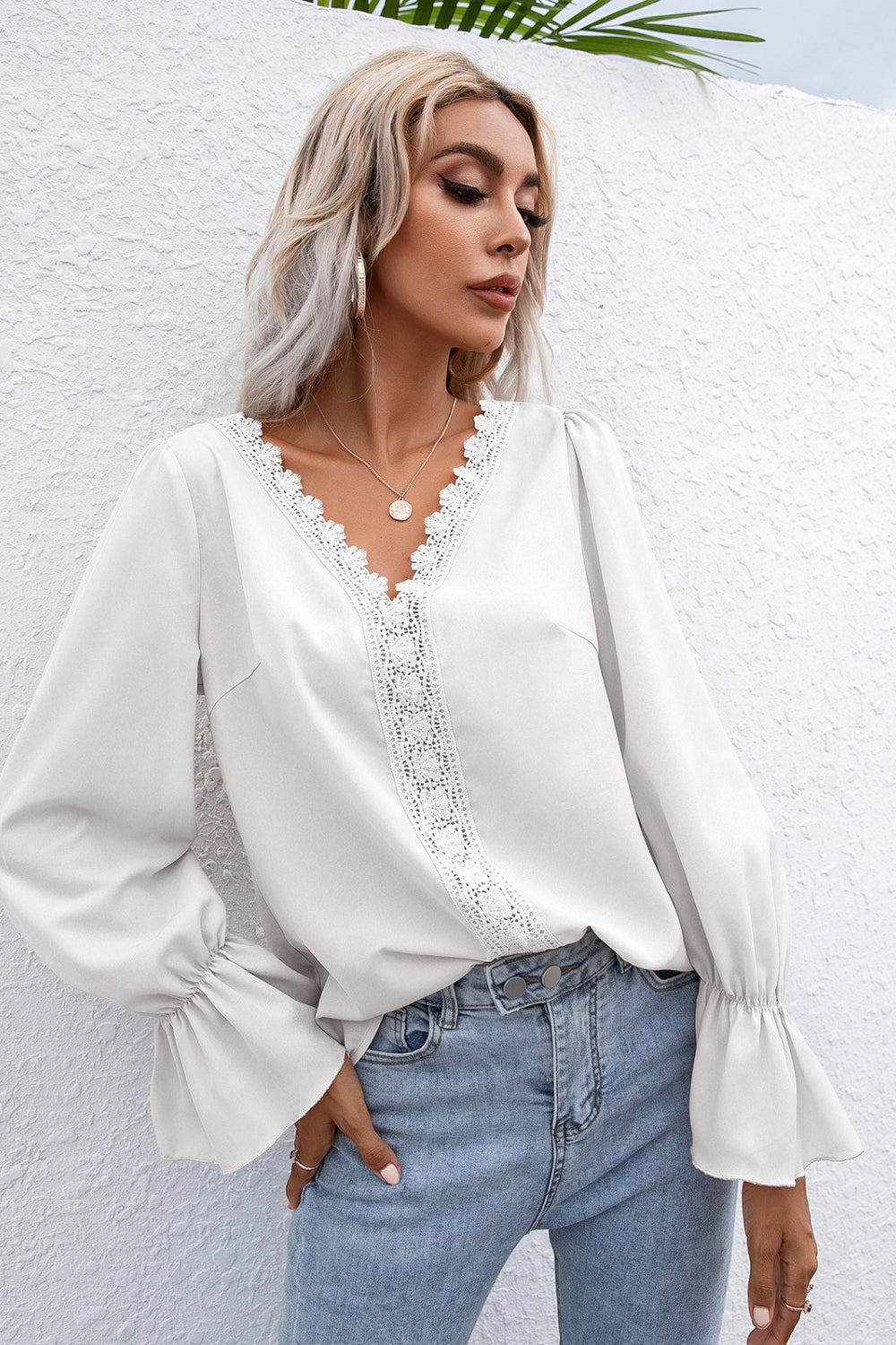 Lace Trim Flounce Sleeve Blouse Ins Street