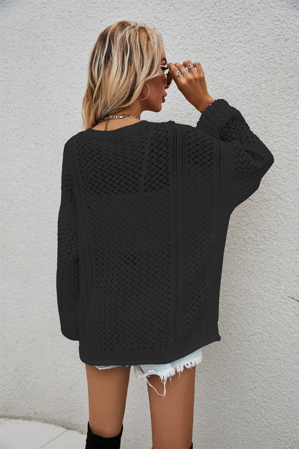 Openwork V-Neck Dropped Shoulder Cardigan Ins Street