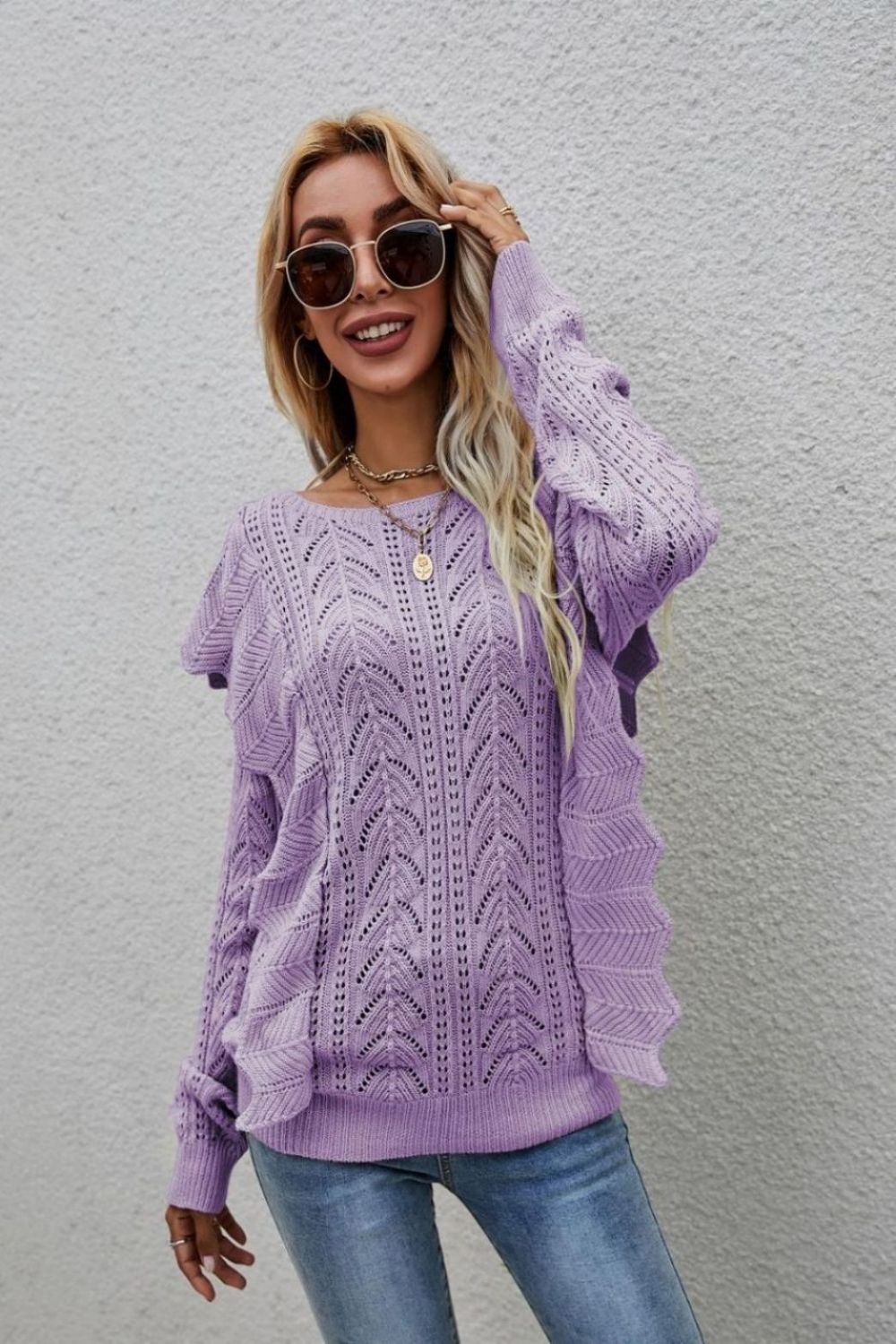 Openwork Round Neck Ruffled Sweater Ins Street