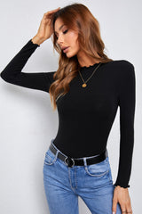 Mock Neck Lettuce Hem Long Sleeve Tee Ins Street