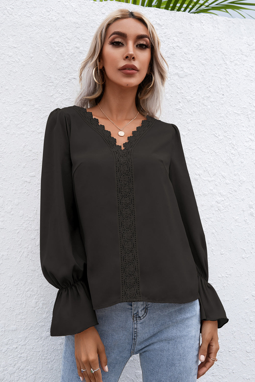 Lace Trim Flounce Sleeve Blouse Ins Street