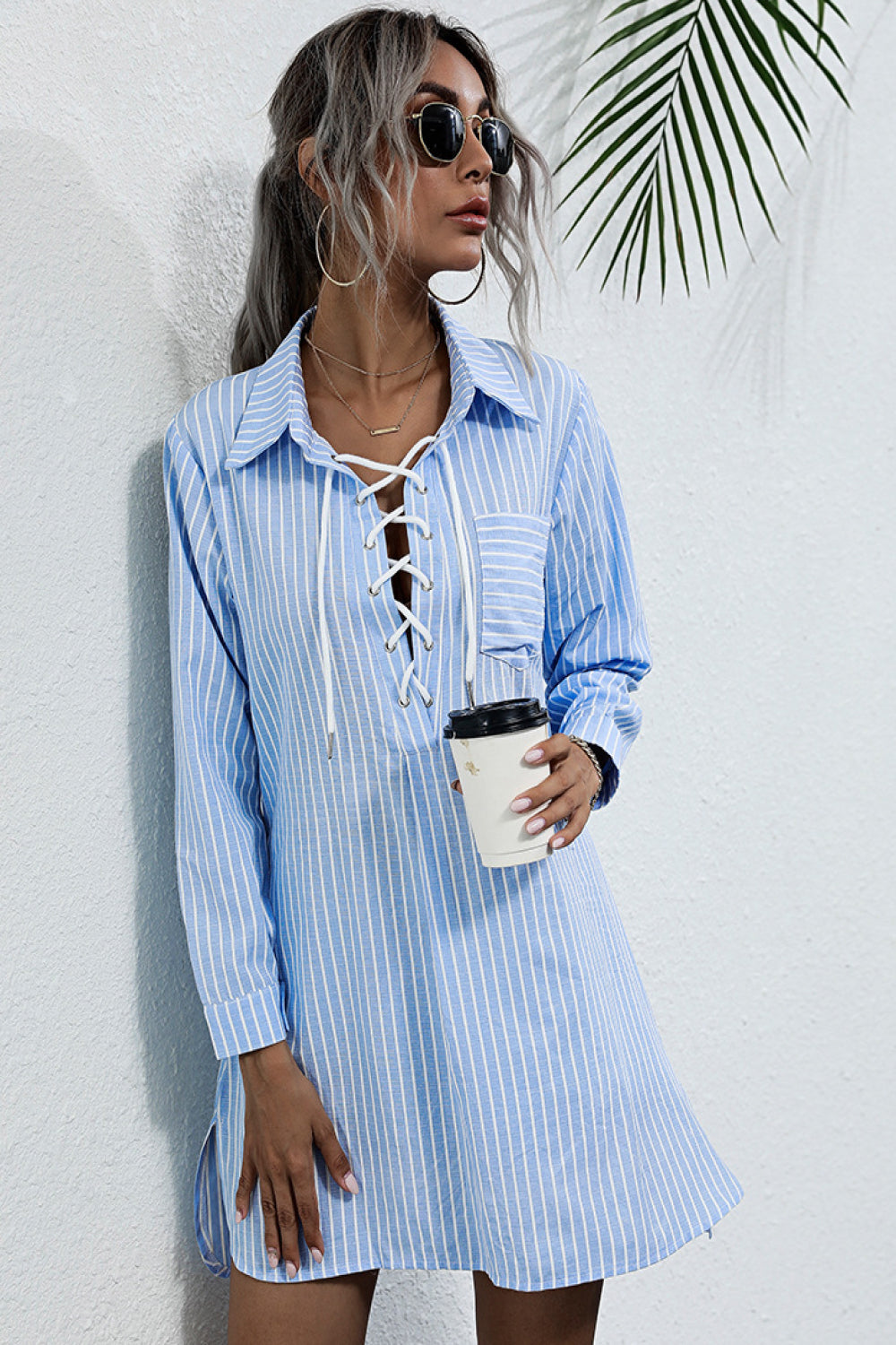 Lace Up Collar Shirt Dress Ins Street