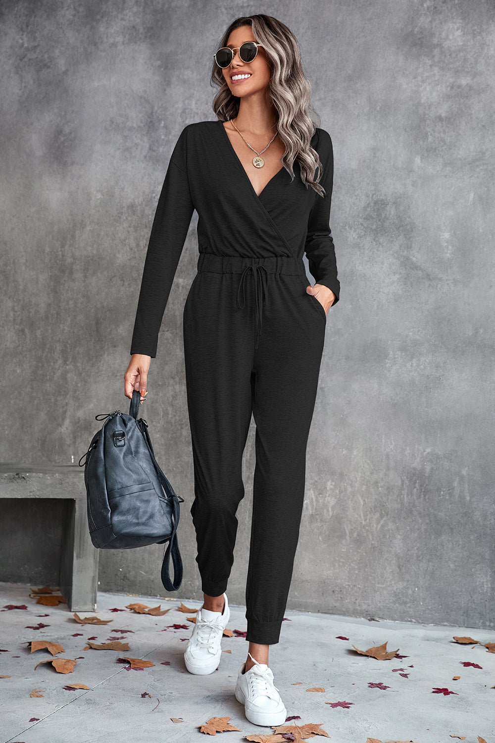 Drawstring Waist Surplice Long Sleeve Jumpsuit Ins Street