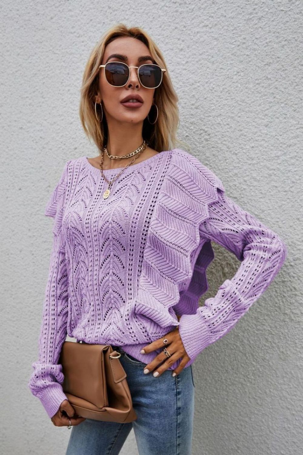 Openwork Round Neck Ruffled Sweater Ins Street