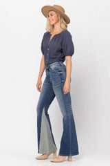 Mid-Rise Two Tone Panel Flare Jeans Ins Street