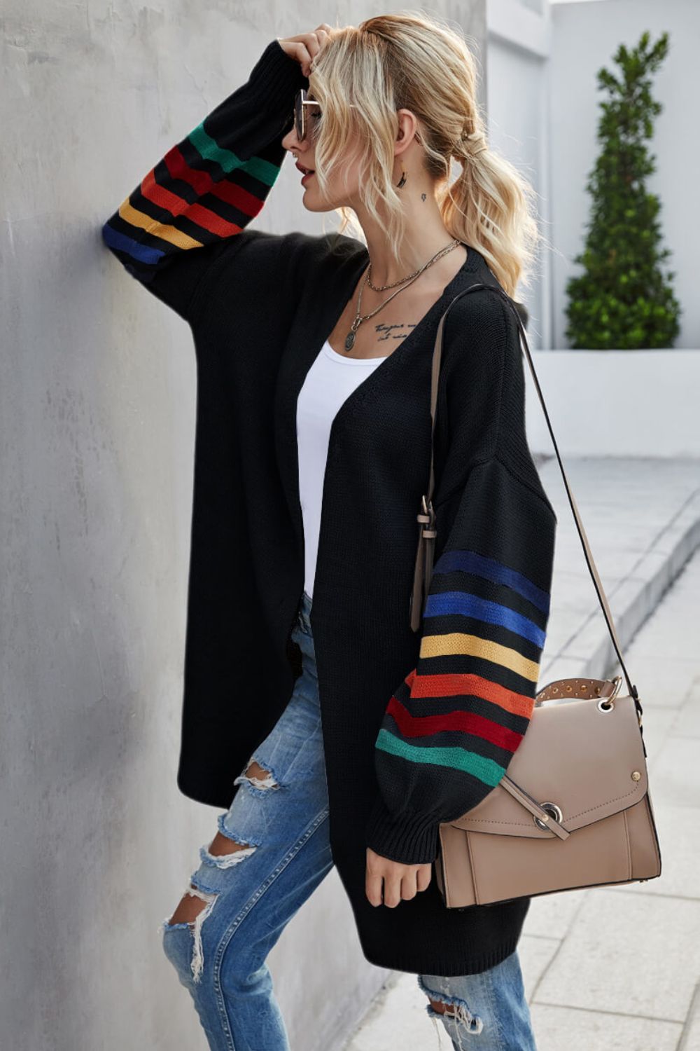 Multicolored Stripe Open Front Longline Cardigan Ins Street