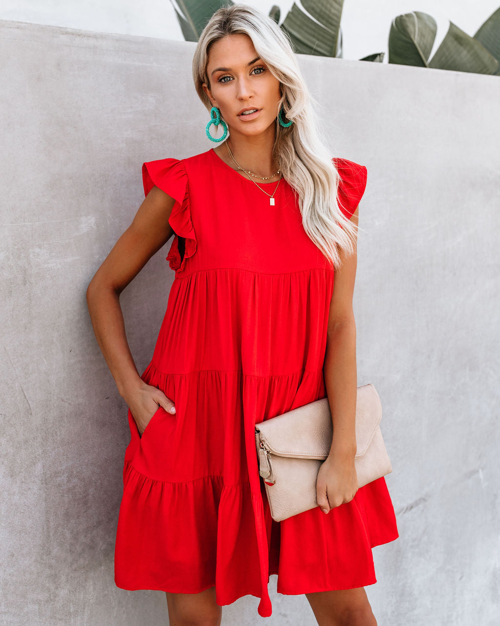 East Coast Pocketed Tiered Babydoll Dress - Red Ins Street