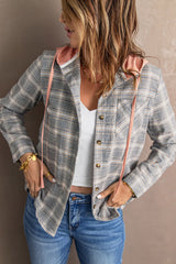 Plaid Drawstring Hooded Shirt Jacket Ins Street