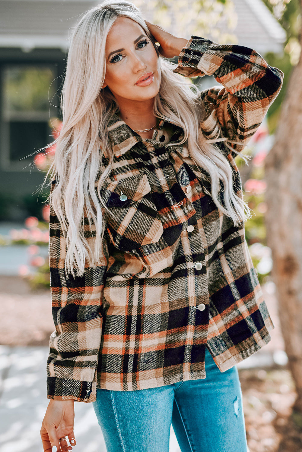 Plaid Button Front Shirt Jacket with Breast Pockets Ins Street