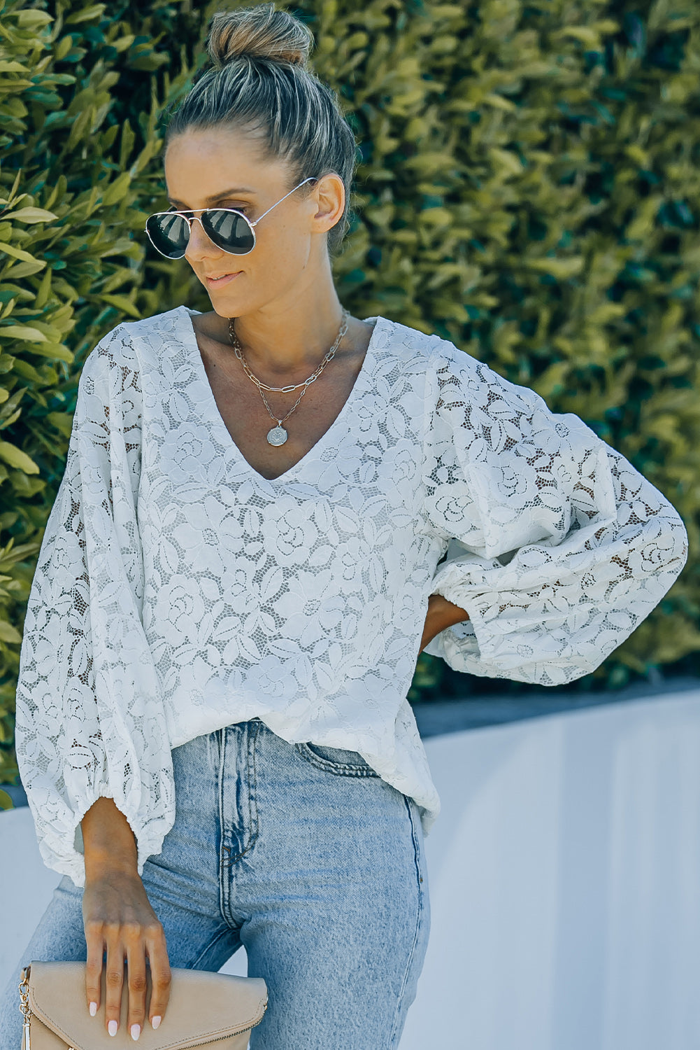 Lace Balloon Sleeve V-Neck Tunic Blouse Ins Street