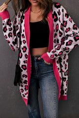 Leopard Contrast Trim Open Front Longline Cardigan Ins Street