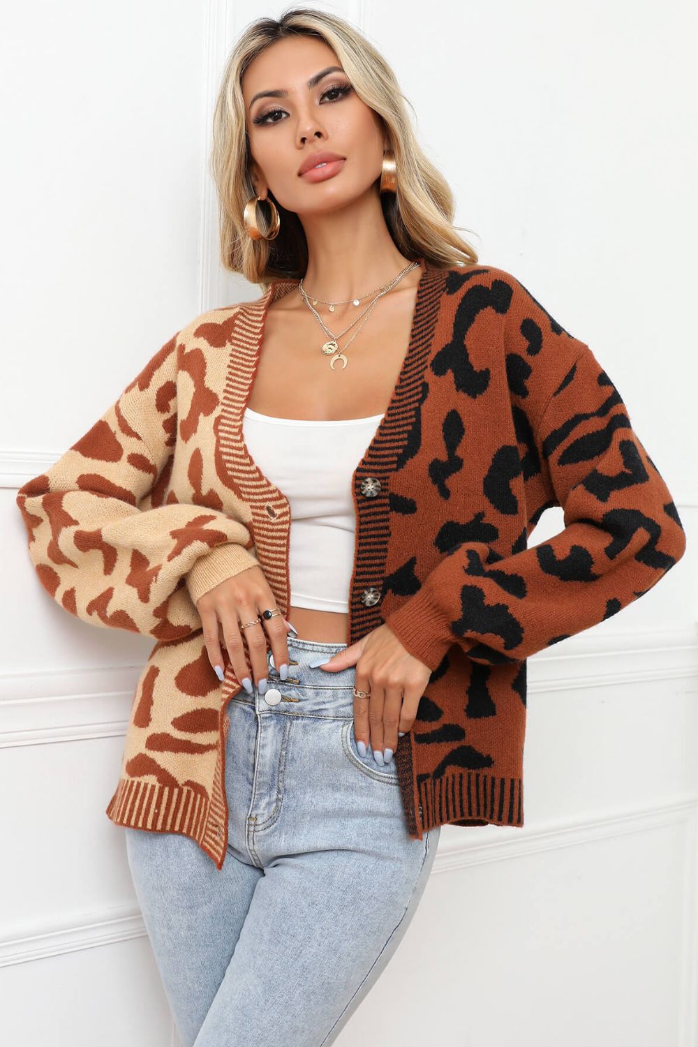 Leopard Button Front Ribbed Trim Cardigan Ins Street