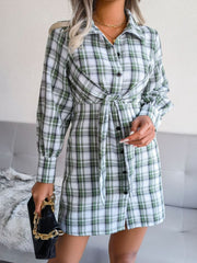 Plaid Button Down Tie Front Shirt Dress Ins Street