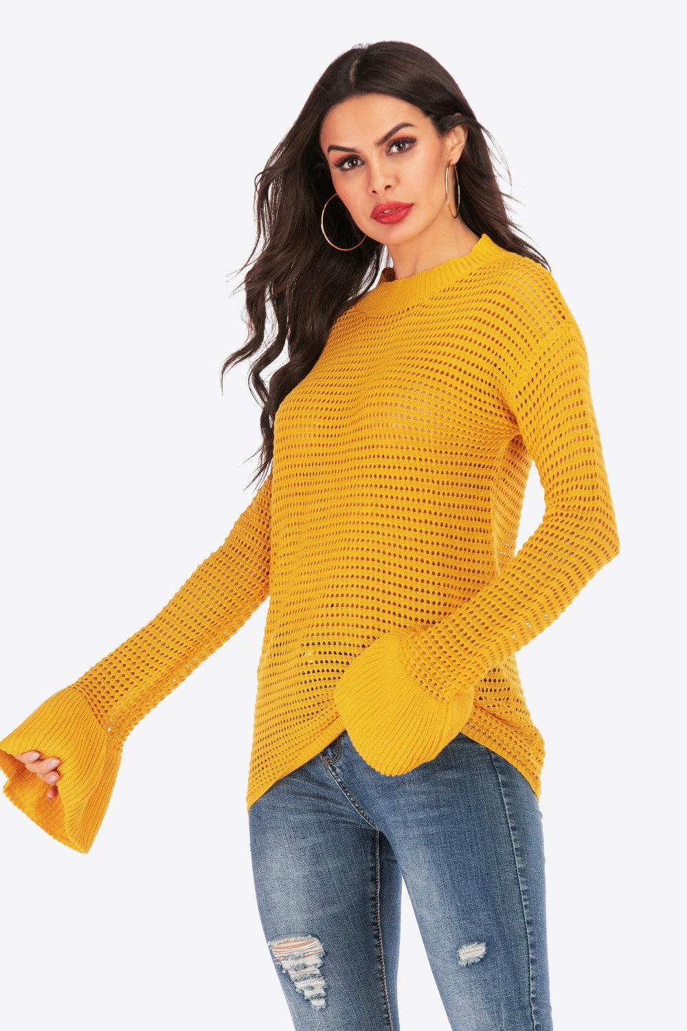 Openwork Flare Sleeve Round Neck Sweater Ins Street