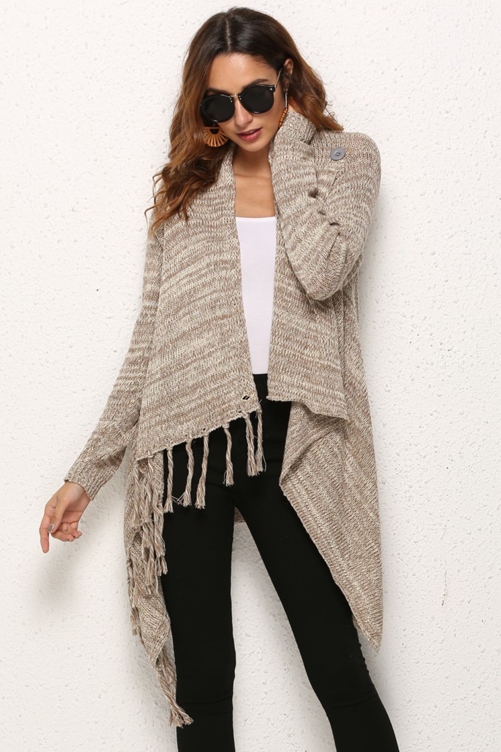 One-Button Tassel Tie Asymmetrical Hem Cardigan Ins Street