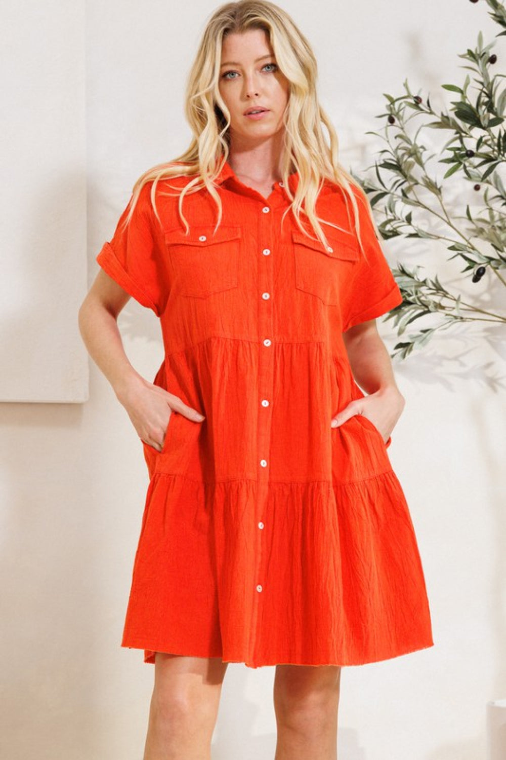 ODDI Full Size Button Front Tiered Shirt Dress Ins Street