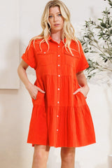 ODDI Full Size Button Front Tiered Shirt Dress Ins Street