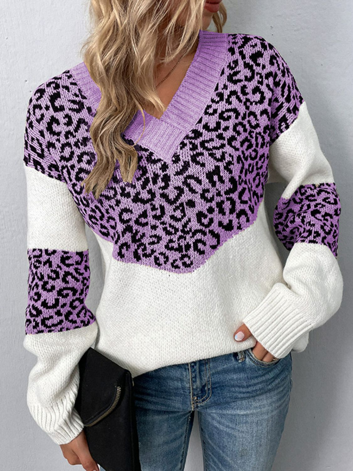 Leopard Color Block V-Neck Ribbed Trim Sweater Ins Street
