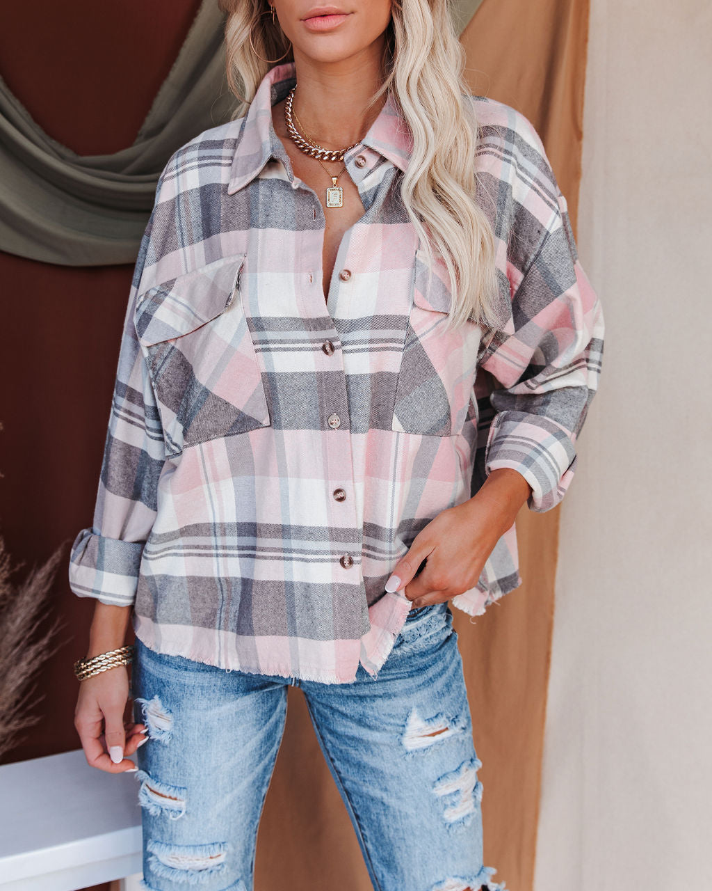 Elle Cotton Plaid Frayed Button Down Top Ins Street