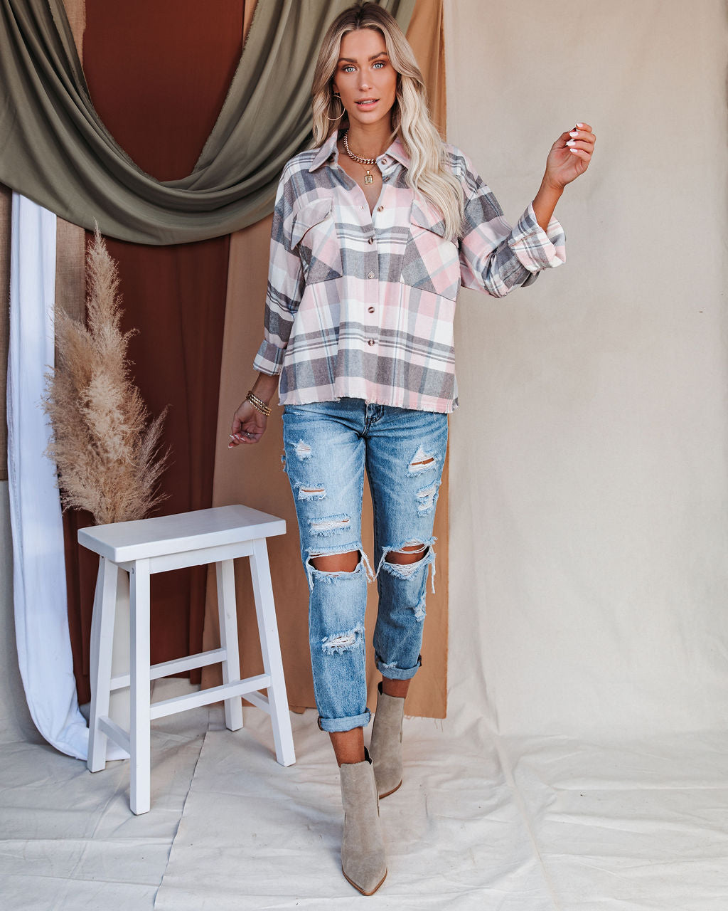 Elle Cotton Plaid Frayed Button Down Top Ins Street