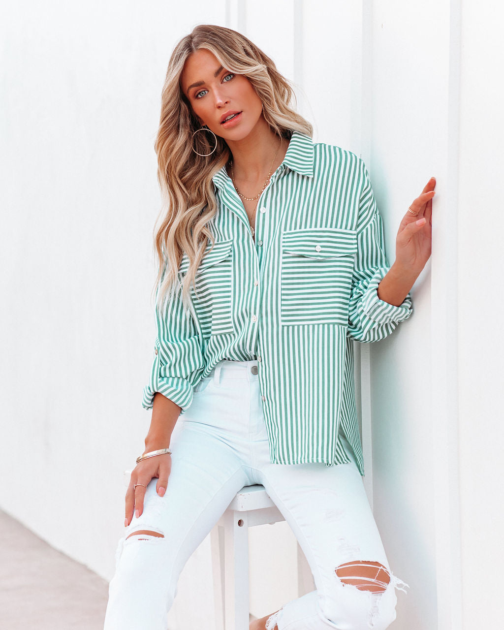 Embrace The Sun Striped Button Down Top - Green Ins Street