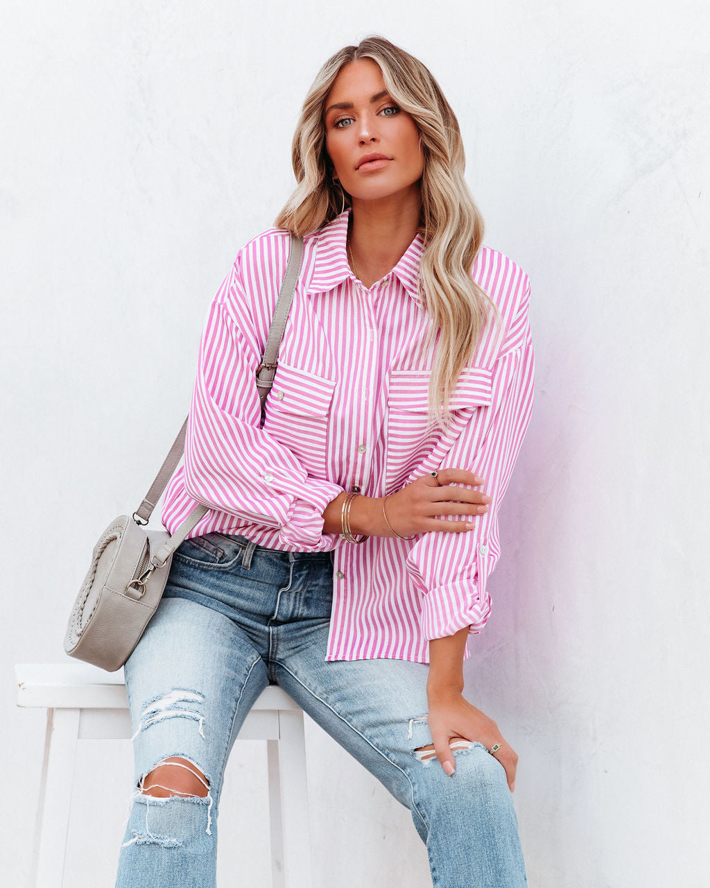 Embrace The Sun Striped Button Down Top - Pink Ins Street