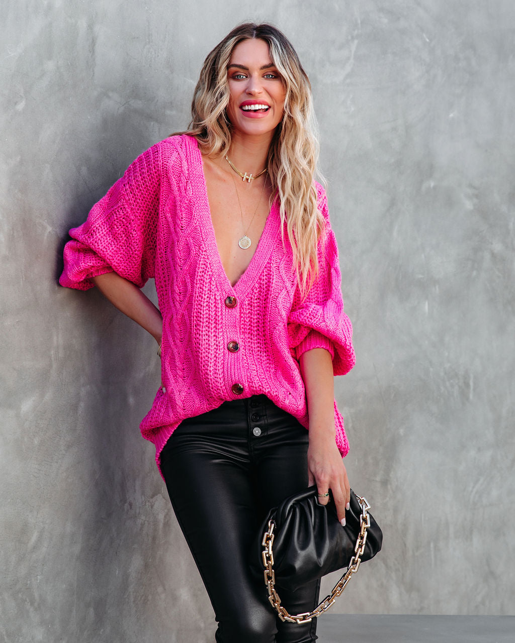 Evan Button Front Cable Knit Cardigan - Hot Pink - FINAL SALE Ins Street