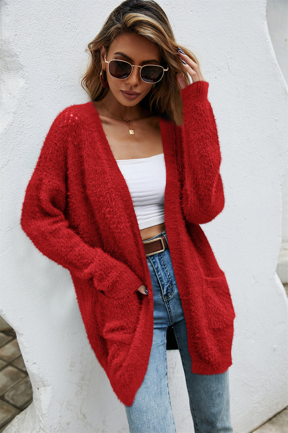 Open Front Openwork Fuzzy Cardigan with Pockets Ins Street