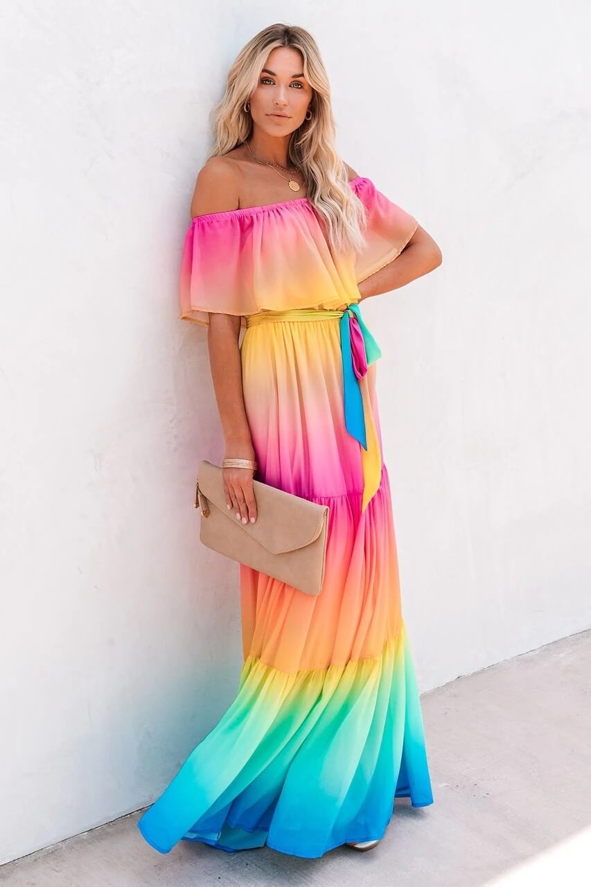Off Shoulder Colourfull Flowy Dress for Women Ins street