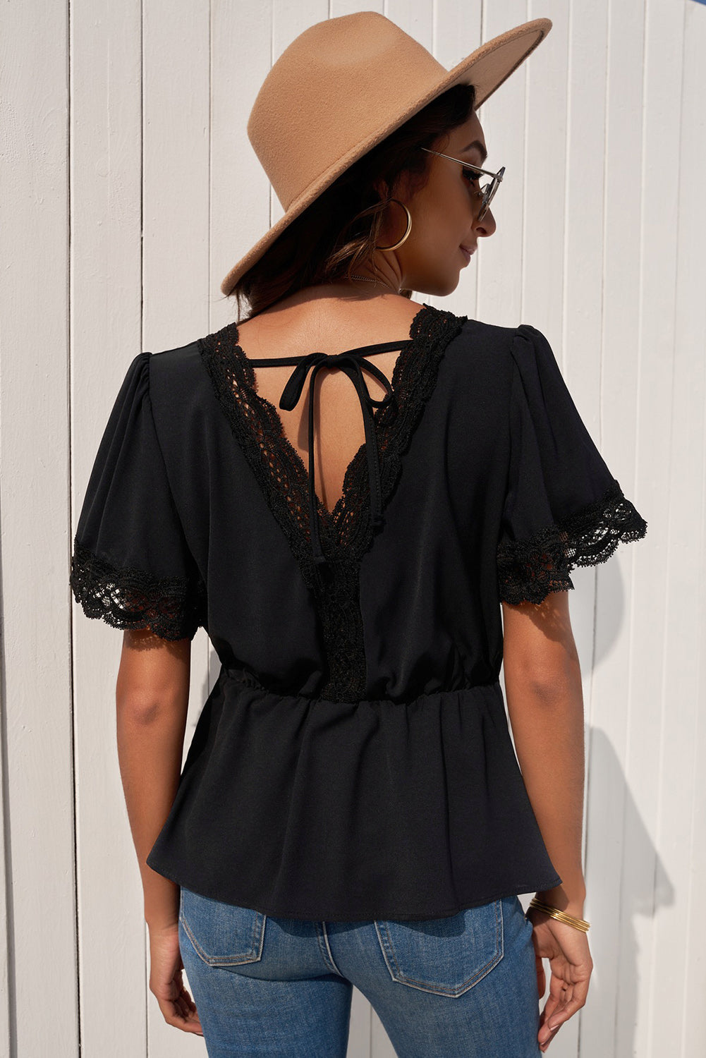 Lace Trim V-Neck Tied Peplum Blouse Ins Street