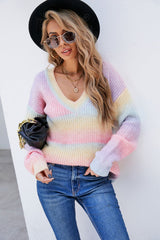 Multicolored V-Neck Rib-Knit Sweater Ins Street