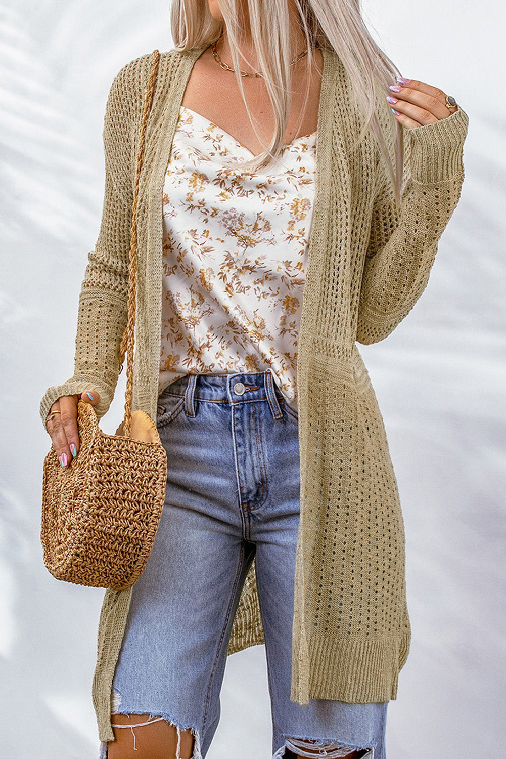 Openwork Dropped Shoulder Open Front Cardigan Ins Street