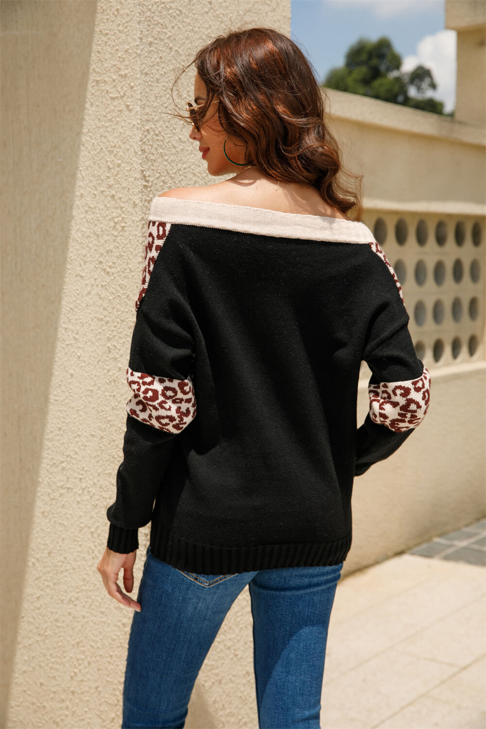 Leopard Color Block V-Neck Knit Pullover Ins Street