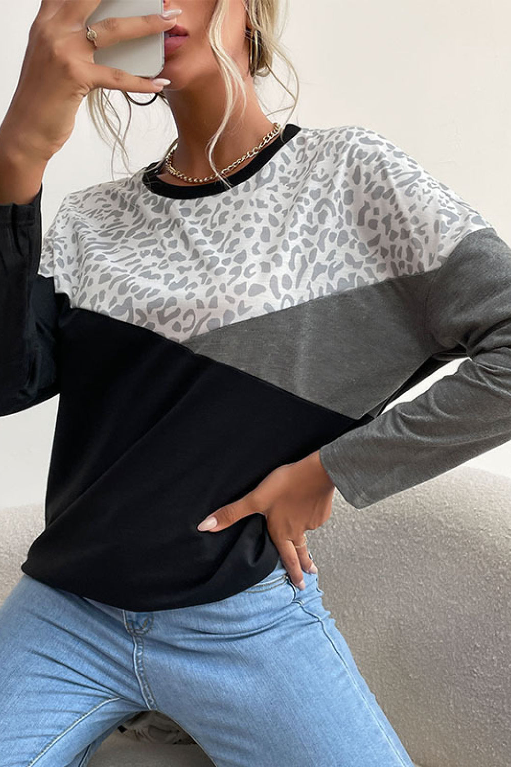 Leopard Color Block Pullover Ins Street