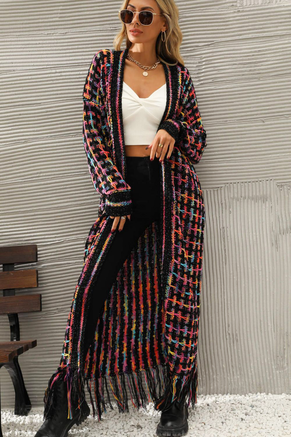 Multicolored Open Front Fringe Hem Cardigan Ins Street