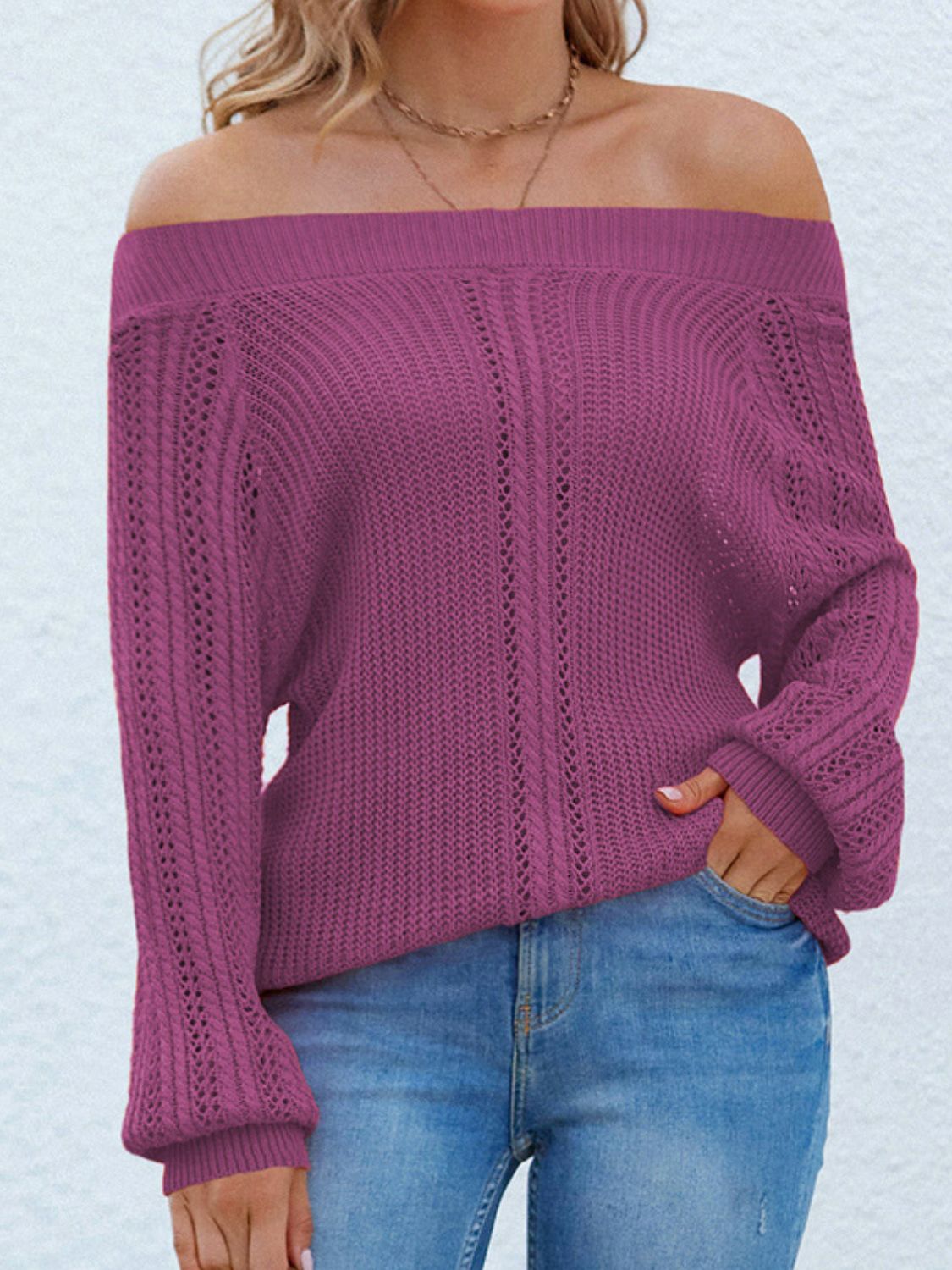 Mixed Knit Off-Shoulder Tunic Sweater Ins Street