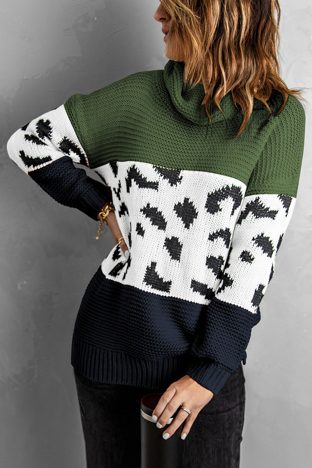 Patterned Color Block Turtleneck Sweater Ins Street