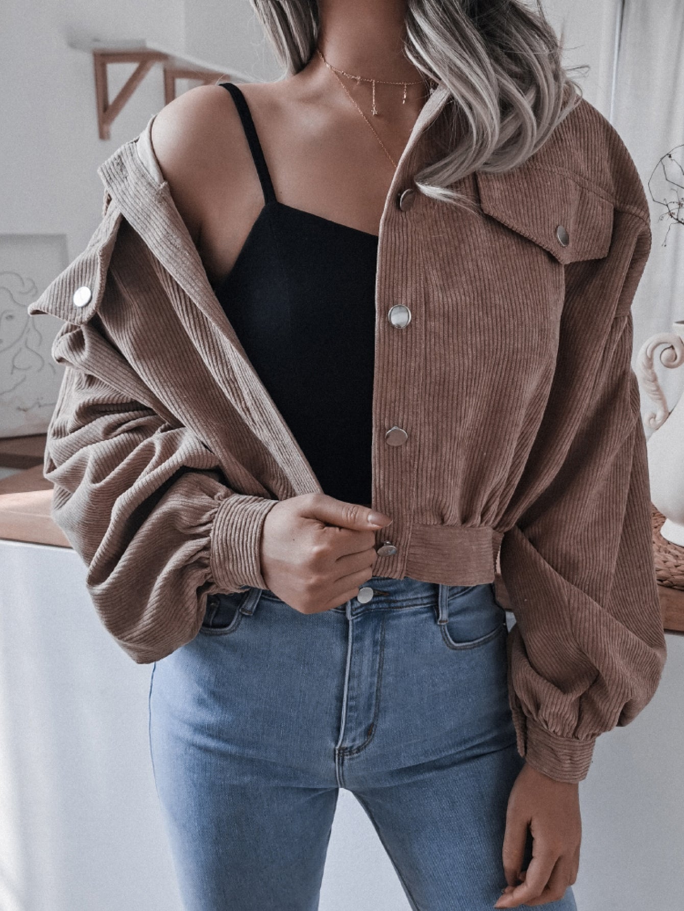 Lantern Sleeve Cropped Corduroy Jacket Ins Street