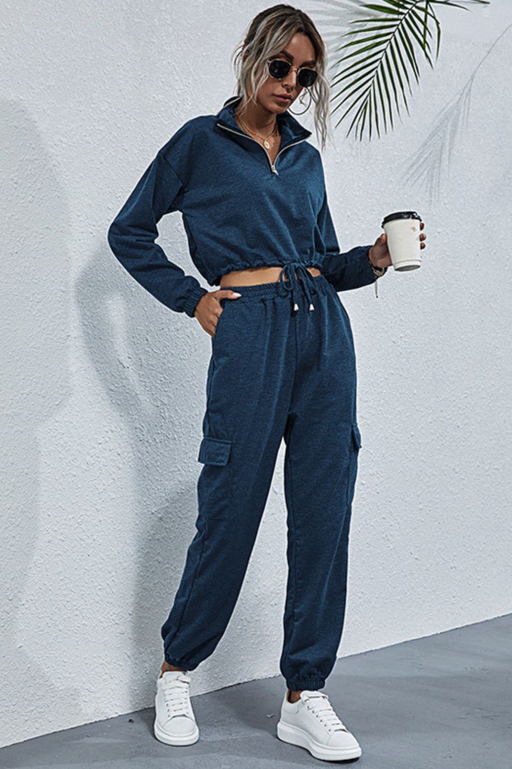 Drawstring Hem Cropped Sweatshirt and Cargo Joggers Set Ins Street