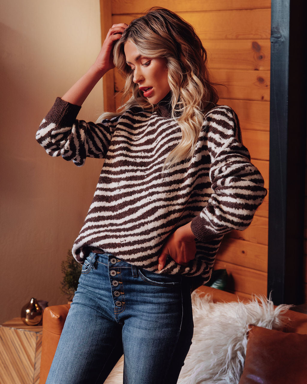 Faris Zebra Turtleneck Knit Sweater Ins Street