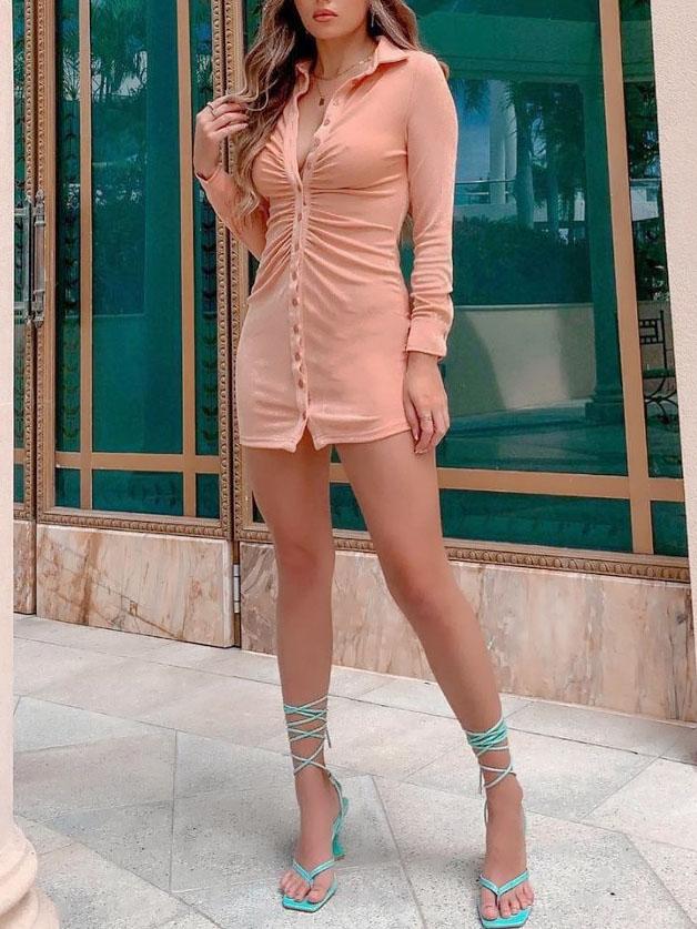 Pleated V-neck Long-sleeved Bodycon Dress ins